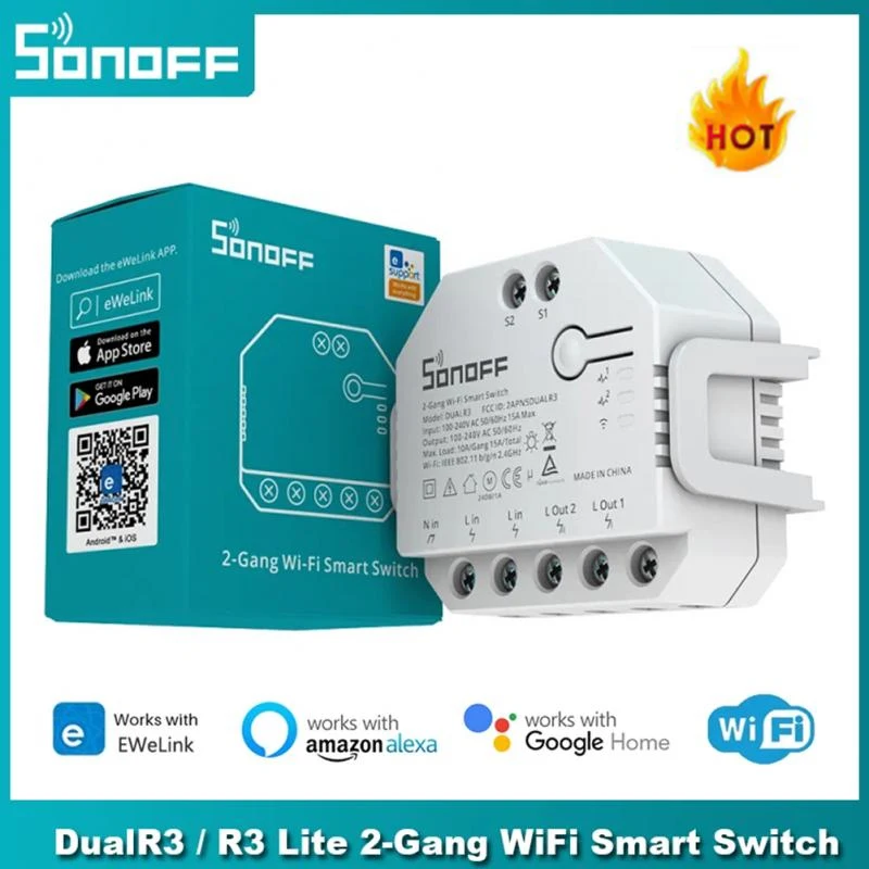

Умный мини-переключатель SONOFF DUALR3/R3 Lite с Wi-Fi, двухсторонний, с измерением мощности, двухклавишный/ходовой переключатель, таймер, умный дом, уп...