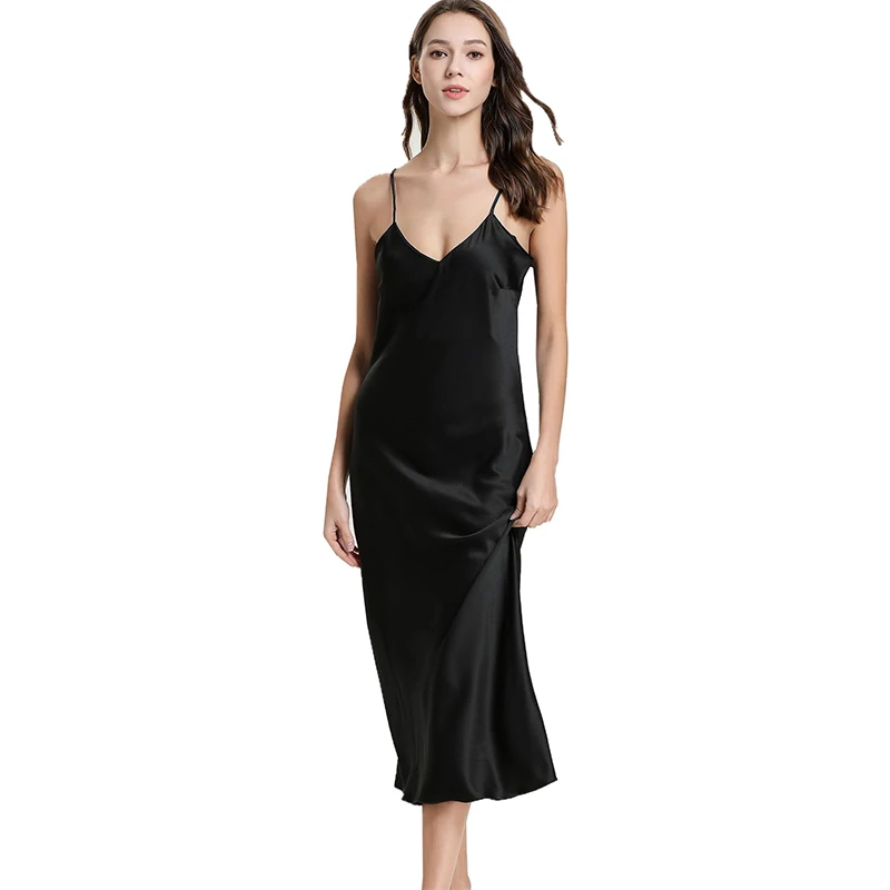 Sexy Sleepwear Women's Satin Nightgown Long Slip Sleep Dress Silk V Neck Sleepwear Solid Color Nightwear Nighty for Ladies