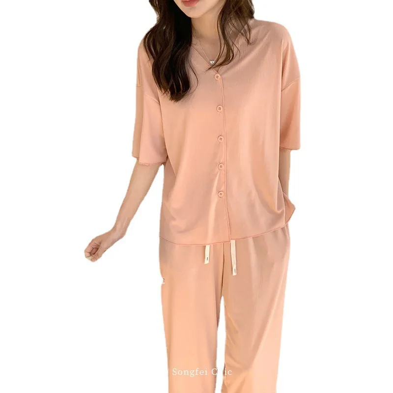 Summer Pajamas Thin Korean Version of Ins Style Polyester Fiber V-neck Simple Loungewear Women Cardigan Trousers Sleepwear Suit
