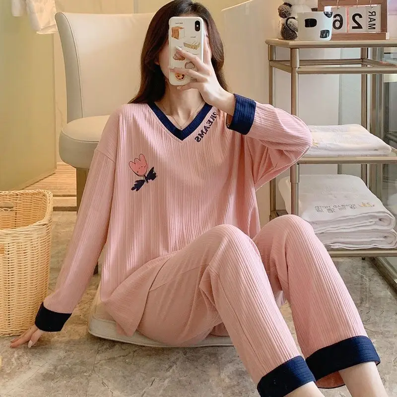 SUO&CHAO Spring Autumn Cartoon Cute Print Pajamas Set For Women Casual Loose Pyjamas Pijamas Nightgown Sleepwear Homewear