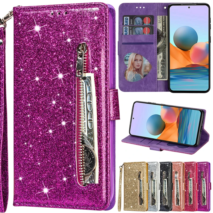 

Wallet Glitter Leather Case For Redmi 10 10A 9A 9C 9T 8 7A Note 11 11S 11 Pro 10S 10 Pro 9 Pro 8 Pro 7 Mi Poco X3 M4 Pro F3 11T