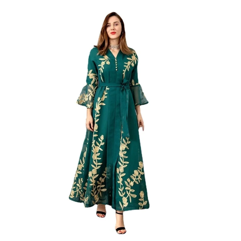 

Muslim Dress Women Abaya Dubai Imitated Linen Embroidery Moroccan Kaftan Evening Dress Arab Caftan Saudi Jalabiya Islam Clothing