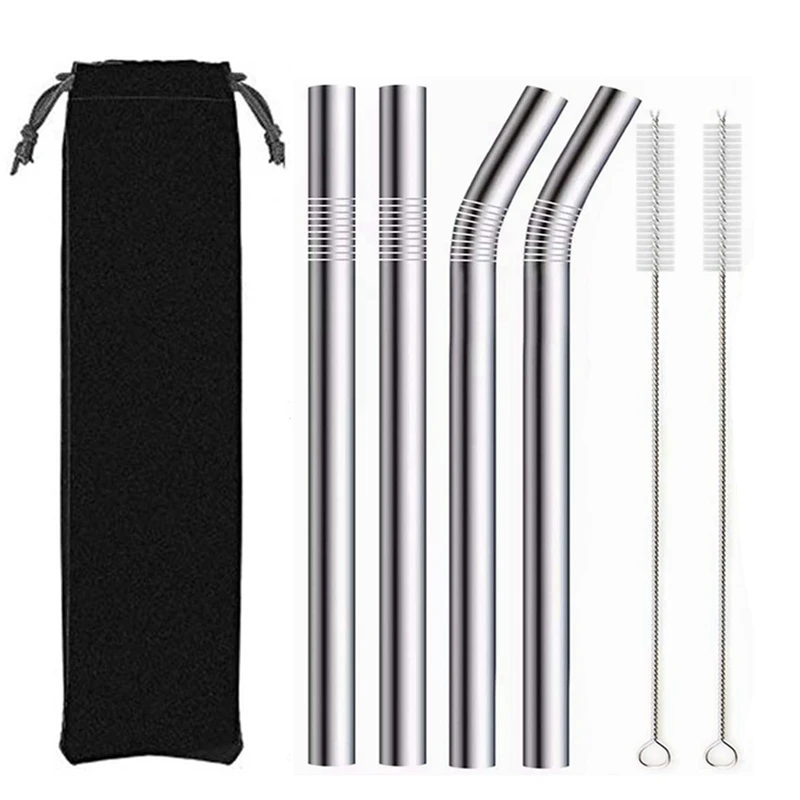 

4Pcs Silver 12Mm Reusable Metal Straws With 2 Brush 304 Stainless Steel Straws Set Bar Drinking Bent Straw Large Caliber