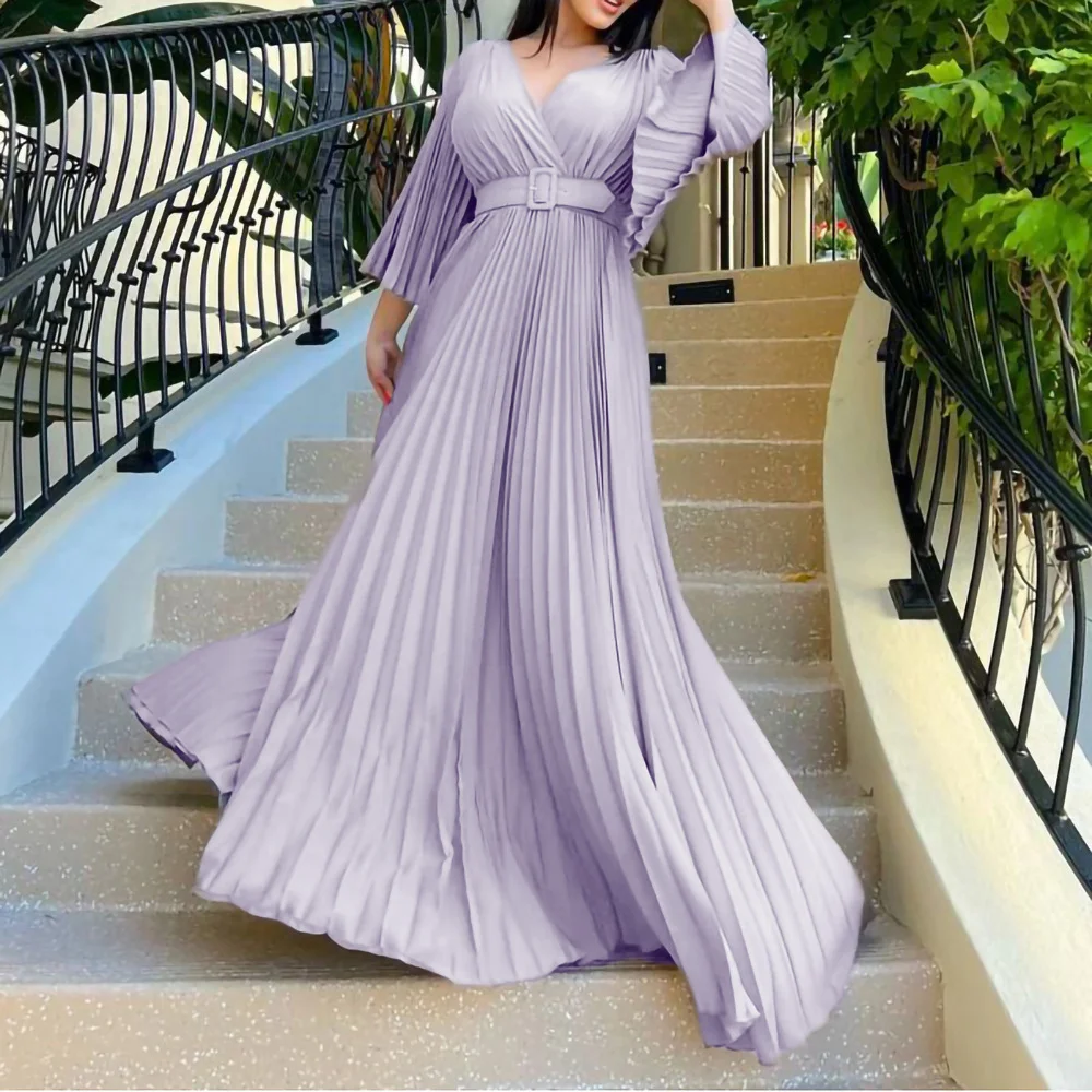 

Elegant Plus Size Women Spring Maxi Dress 3XL Plus Solid Stright Draped Lady Party Dress with Belt Wide Sleeve Female Dresses