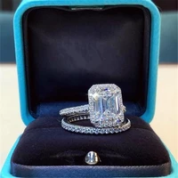 2pcsset elegant silver color rhinestone crystal ring set for women wedding engagement big square zircon finger rings jewelry