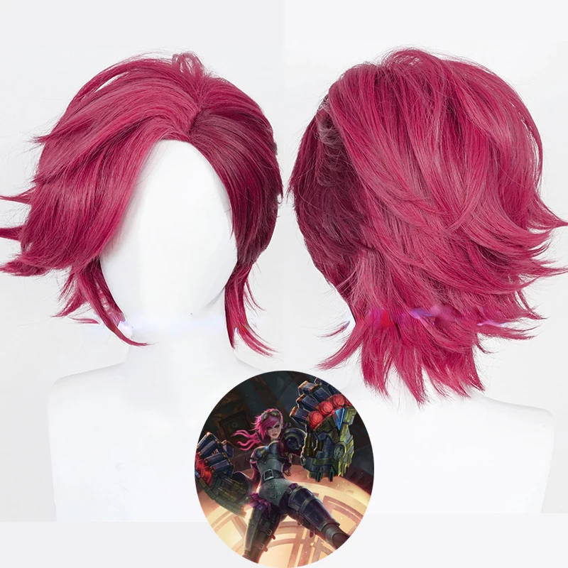 

Vi Wig The Piltover Enforcer Cosplay Game Anime Burgundy Gradient Short Hair Wig Synthetic Hair Halloween Party Wigs + Wig Cap