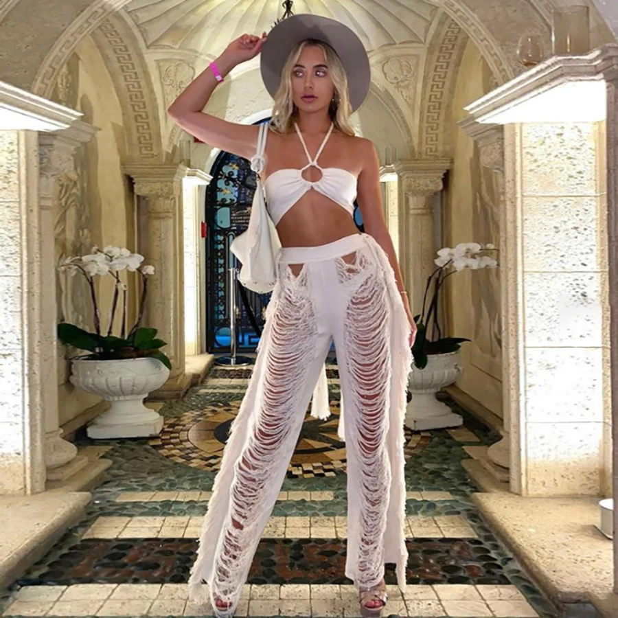 High Quality Chic Tassel Knitted Women Y2K Straight Pants Patchwork Hollow Ripped Trend Middle Waist Casual Trousers Streetwear