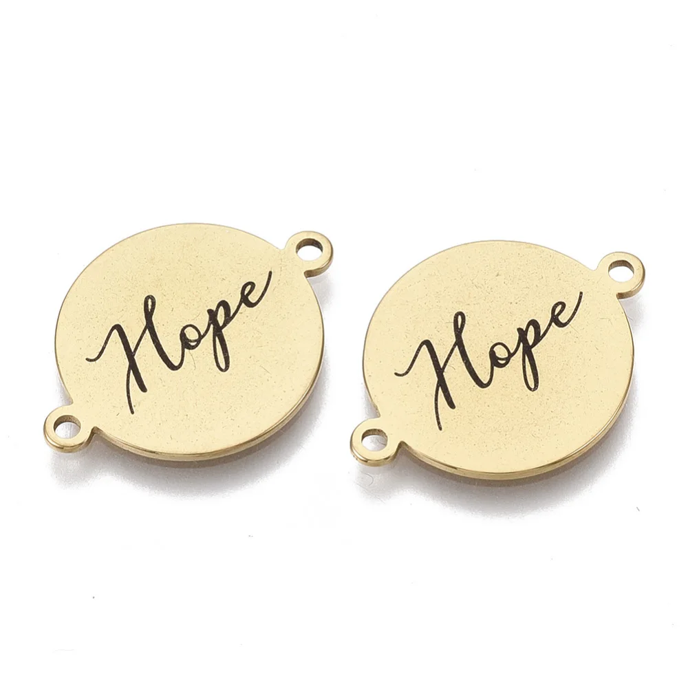 

2PCS 201 Stainless Steel Enamel Links connectors Flat Round with Word Hope Black Golden 16x21x1mm Hole: 1.4mm