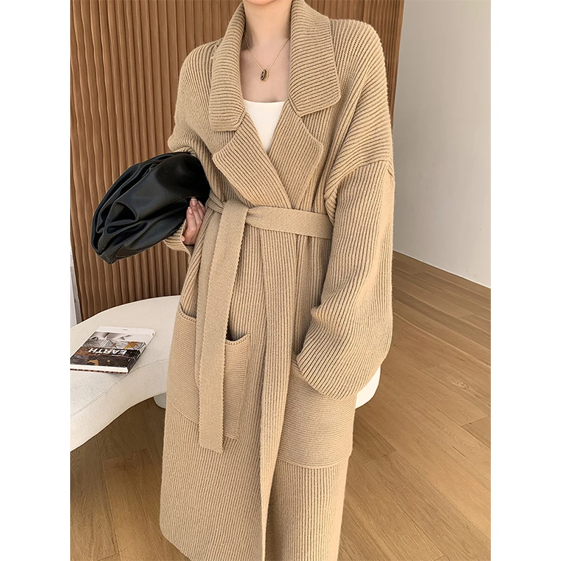 

Женский длинный вязаный кардиган с лацканами, свободный Трикотажный Свитер оверсайз с длинным рукавом летучая мышь в Корейском стиле на ос...