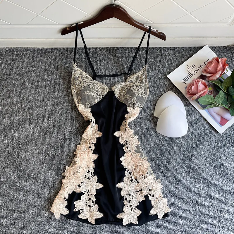 

Black Lace Nightgown Women Sleepdress Summer Suspender Nightwear Sleepwear Nighty Gown Sexy Rayon Robe Homewear Lingerie