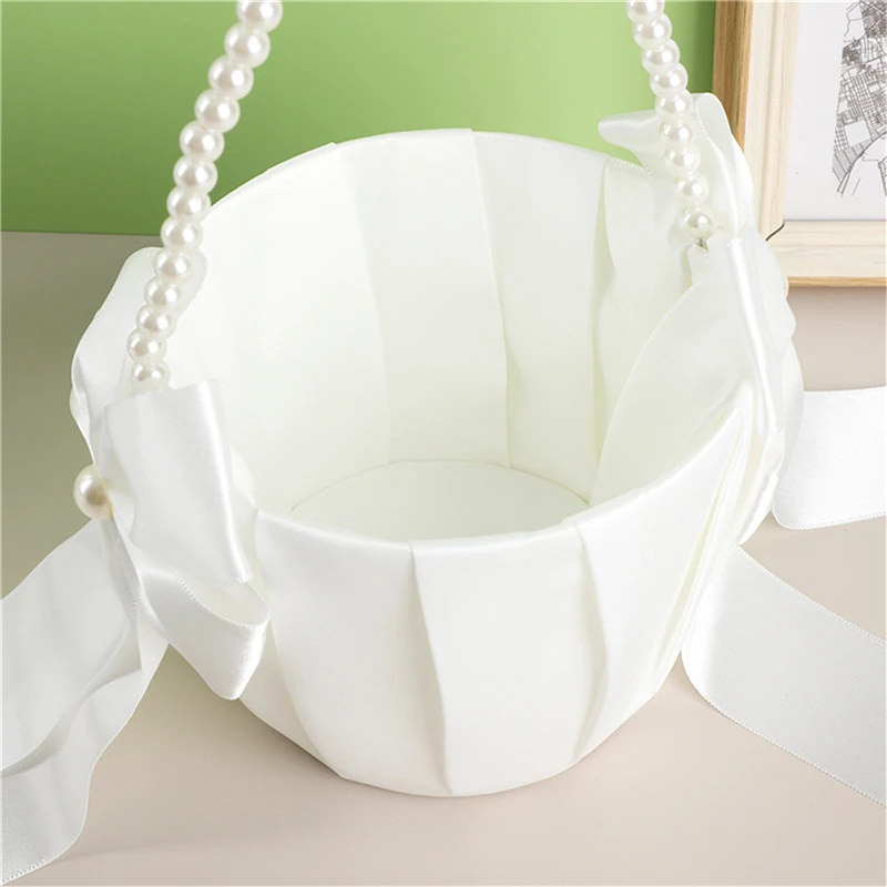 

White Flower Girls Basket Silk Wedding Basket For Flower Bride/Kids Hand Held Wedding Ceremony Party Decorations