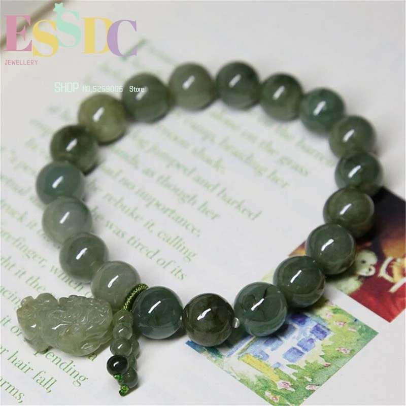 

Trendy Natural 10mm Jadeite Oil-green Pixiu Men and Women Charm Bracelets DIY Beads Accessories Birthday Gift Wholesale