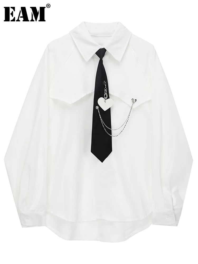 

[EAM] Women White Chain Tie Big Size Blouse New Lapel Long Sleeve Loose Fit Shirt Fashion Tide Spring Autumn 2022 1DE6475