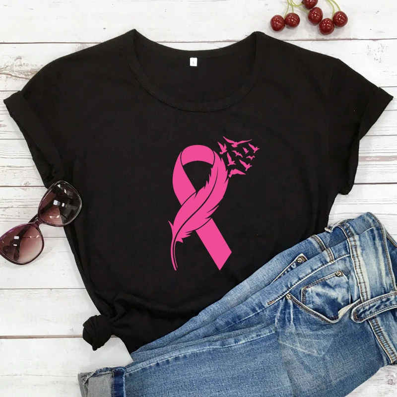 

Pink Ribbon T-shirt Breast Cancer Survivor Awareness Printing Tee Shirt Summer Women Feather Graphic Tops S-3XL