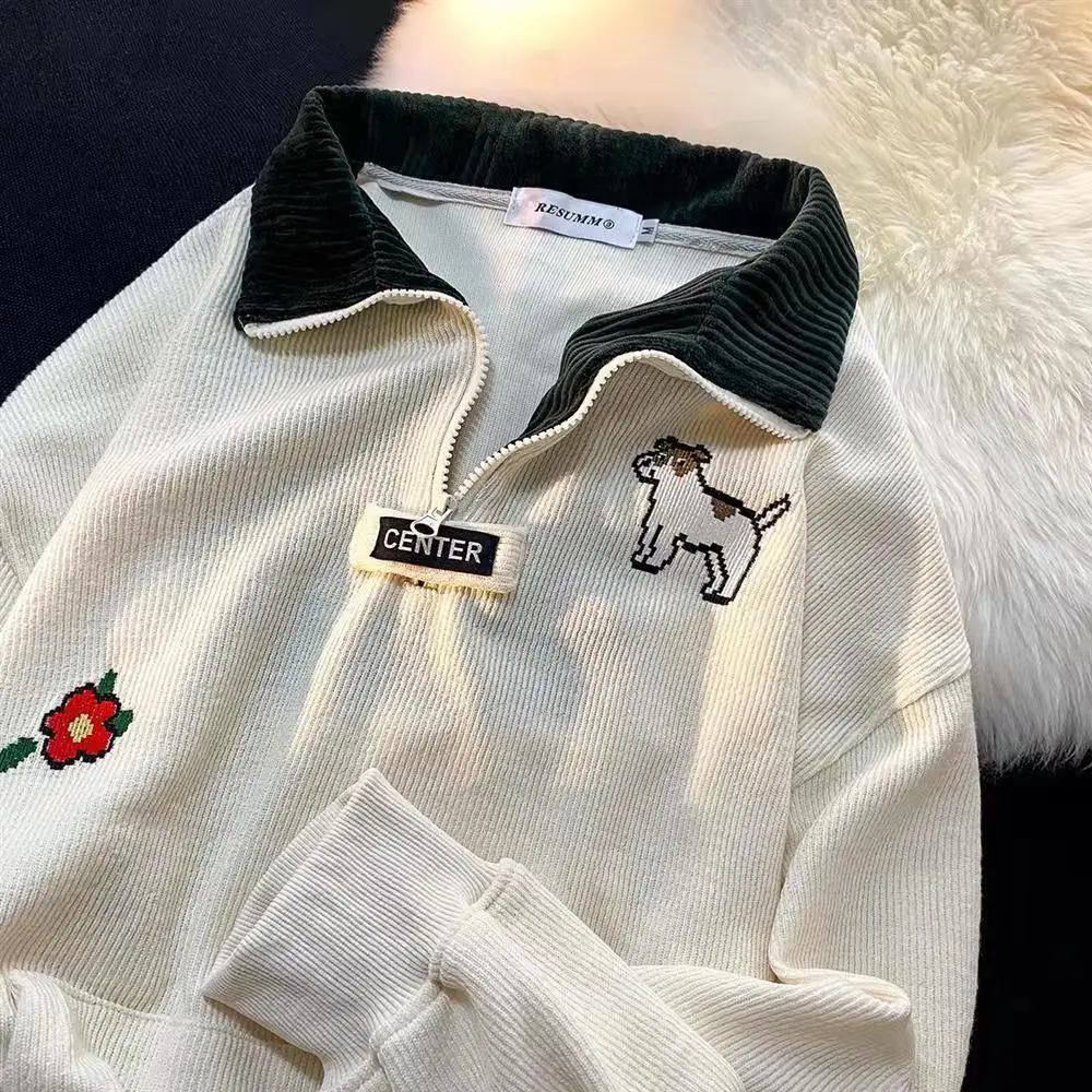 

Рубашка-поло в стиле бохо с вышивкой собаки на молнии, свободная толстовка, Женский свитшот с длинным рукавом в стиле Харадзюку, корейский с...