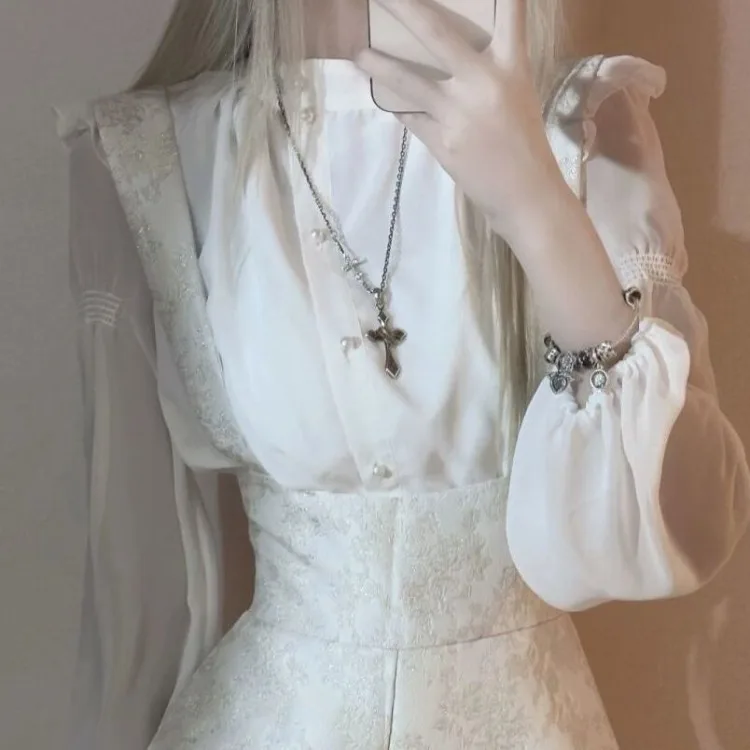 Женский комплект из двух предметов белая сетчатая рубашка с длинным рукавом и