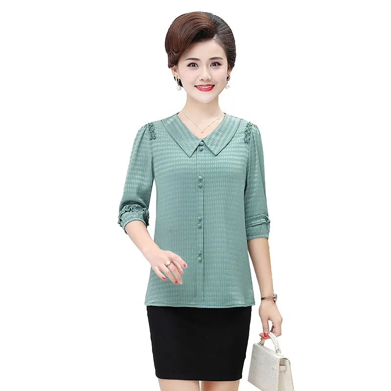 

New Summer Women Elegant Chiffon Shirits Blouses Doll Collar half sleeve Casual Ladies Folds Print Tops Blusas