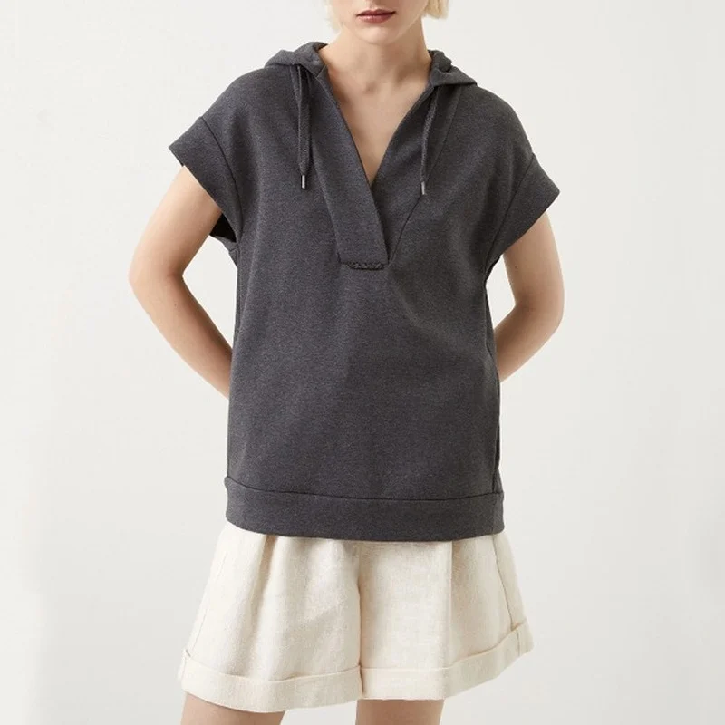 

European and American Style Drawstring Hooded Short-sleeved Sweater 2022 Spring and Summer New Casual Fashion Basic Short Top
