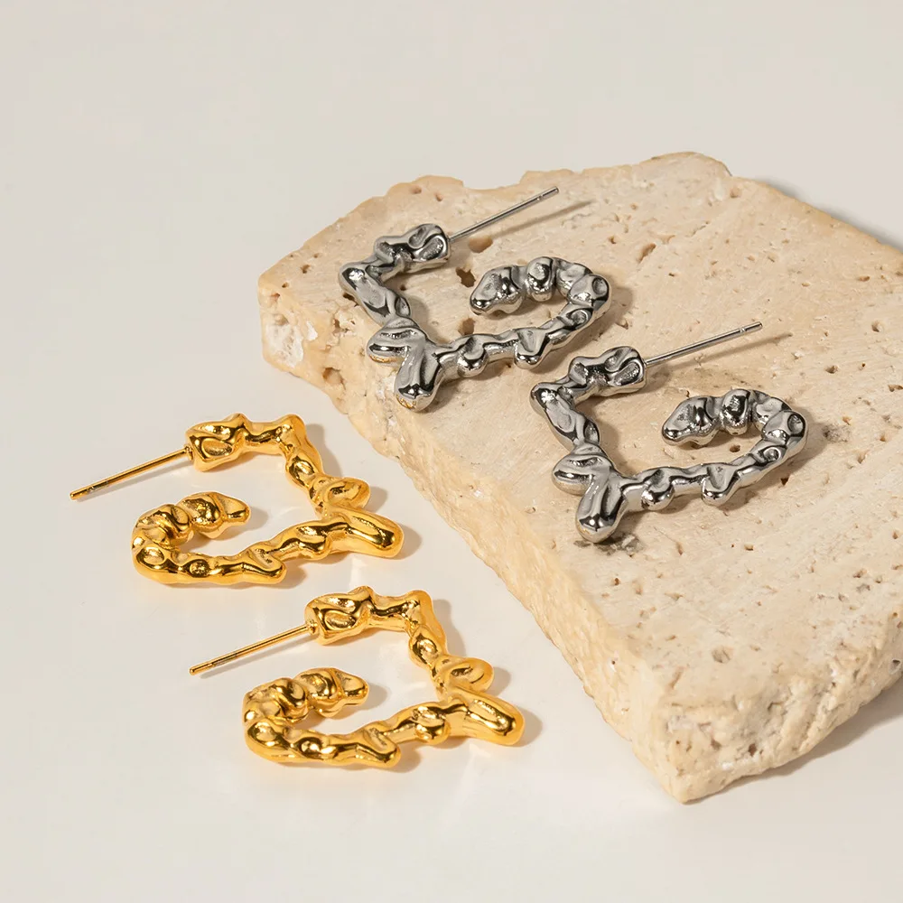 Stainless Steel PVD 18K Gold Plated Tarnish Waterproof Irregular Heart Hoop Earrings For Woman Jewelry Wholesale Trendy