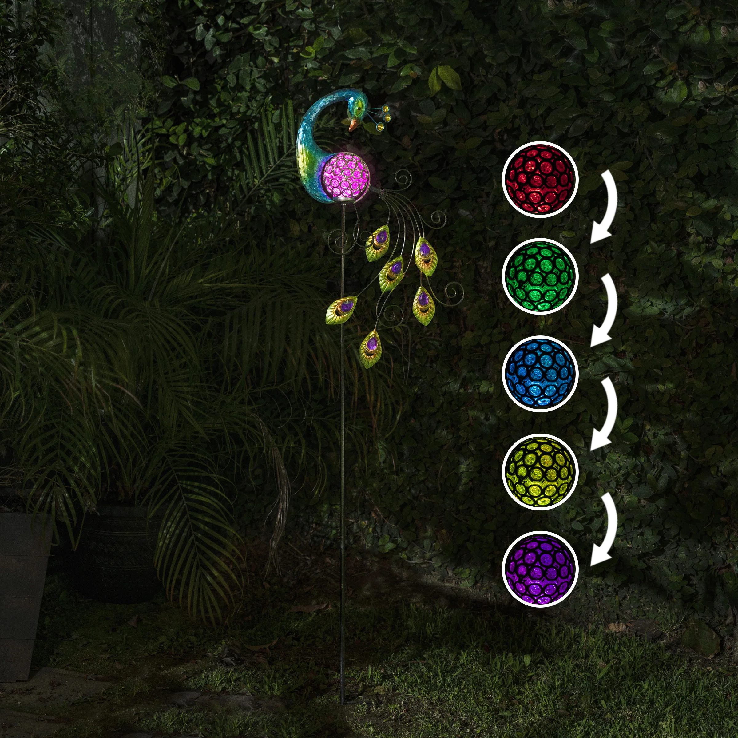 

48" Metal Solar-Powered Peacock LED Light Lawn Stake, Multicolor