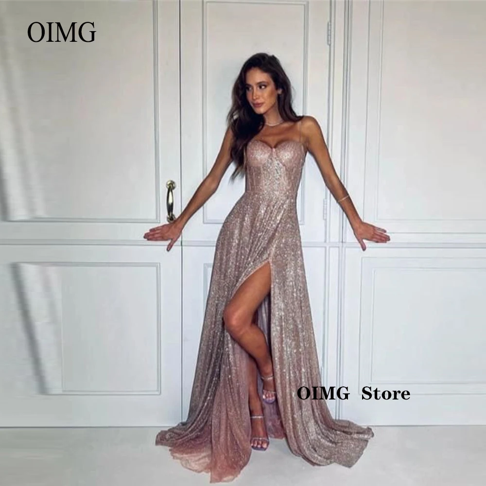 

OIMG Glitter A Line Dusty Pink Tulle Long Prom Dresses Spaghetti Straps Sweetheart Side Split Party Formal Evening Gowns Sparkly