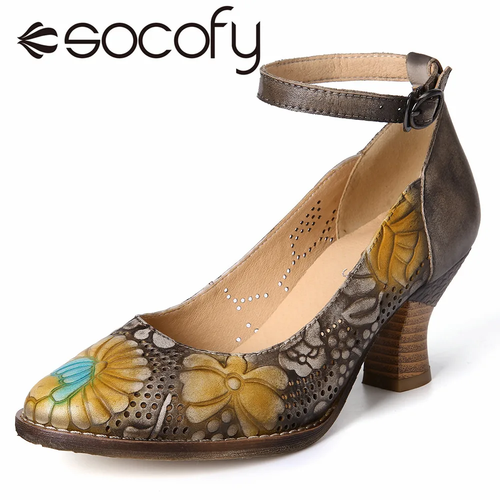 SOCOFY-zapatos de tacón alto para mujer, calzado con diseño Retro en relieve, con flores grandes, correa de hebilla ajustable, 2022