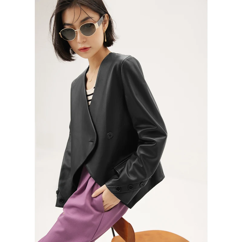 SHUCHAN Design Fashion Crop Top Jacket Women Real Leather Jacket Women  Single Button  High Street  Sheepskin Genuine Leather