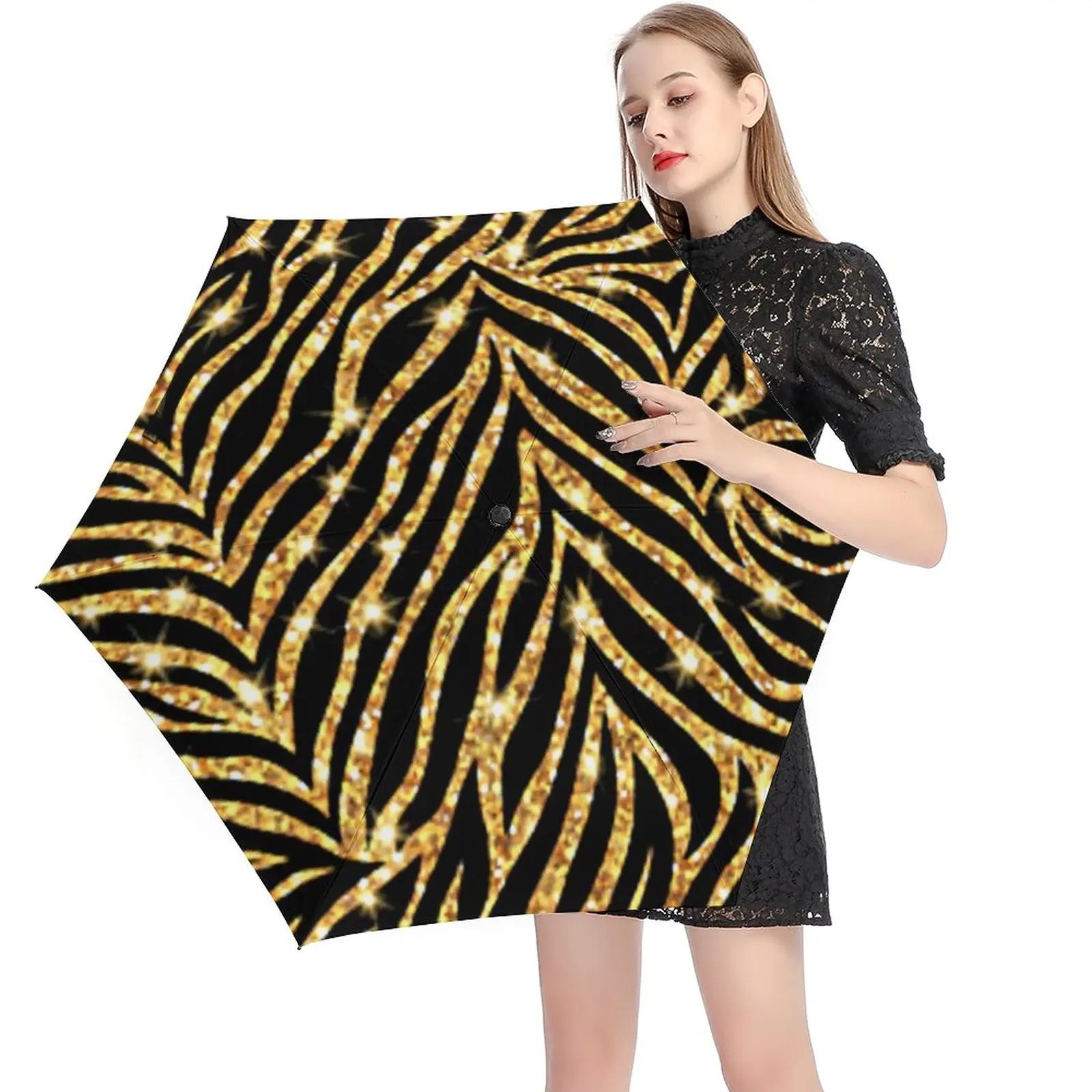 

Black And Gold Zebra 5 Fold 6 Ribs Umbrella Animal Print Black Coat Pocket Umbrella Wind Proof Umbrellas for Men Women