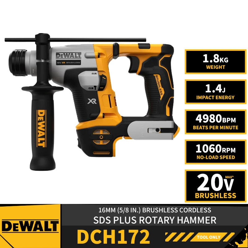 

DEWALT DCH172 16MM 5/8in Brushless Cordless SDS Plus Rotary Hammer 20V Lithium Tools Hammer Impact Drill 1060RPM 4980BPM 1.4J
