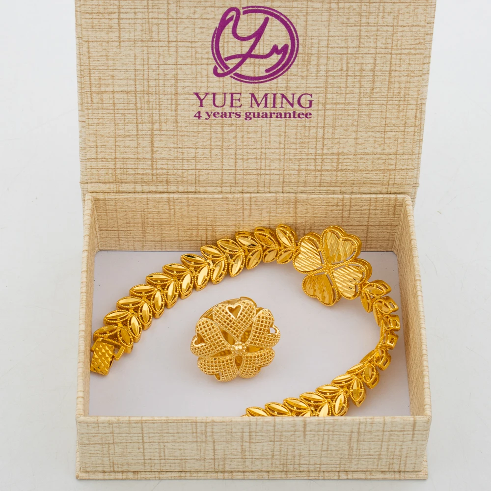 

Gold Plated Bracelet Jewelry for Women Exquisite Design 18K Gold Color Bangle Adjustable Ring Bridal Accessories with Gifts Box