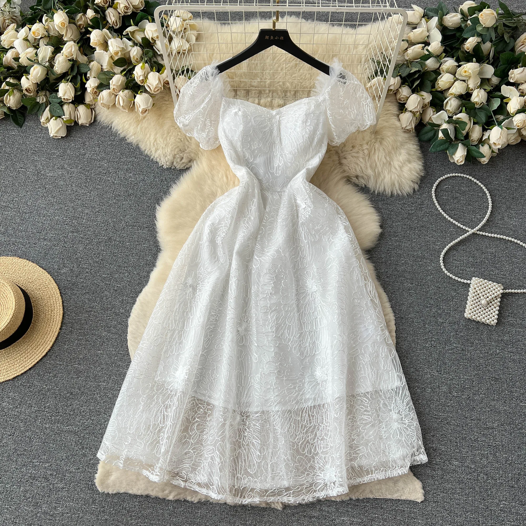 

Summer Elegant White Dress for Women Hook Flower Puff Sleeve Waist Corset Ball Gown Female Vestidos Wedding Tarf Two Layered New