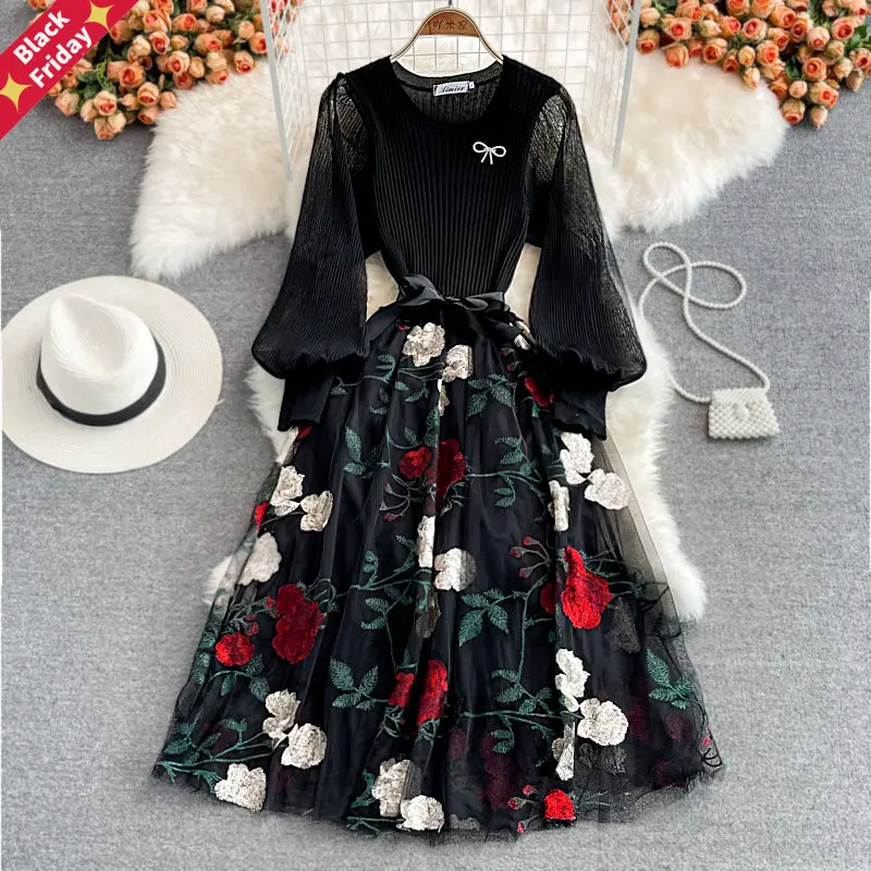 

Vintage Women Black Mesh Patchwork Embroidered Midi Dress Women Elegant O-Neck Lantern Long Sleeve Big Swing Party Vestidos New