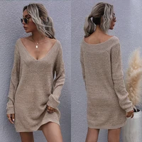 autumn knitted european and american long solid color v neck mori sweater dress for women