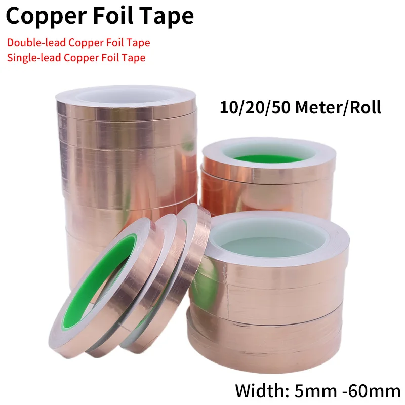 10-20-50m-copper-foil-tape-adhesive-single-double-sided-conductive-snail-emi-shielding-diy-circuit-electrical-repair-tapes