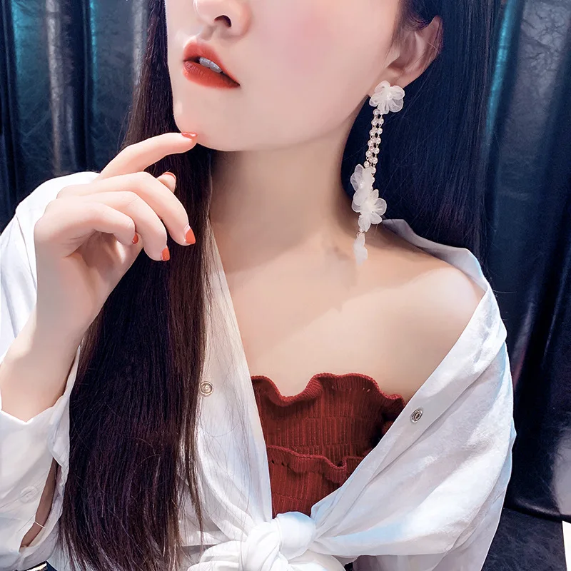 

925 Silver Needle Super Fairy Flower Large Earrings Pearl Tassel Long Female Korean Net Red Fashion