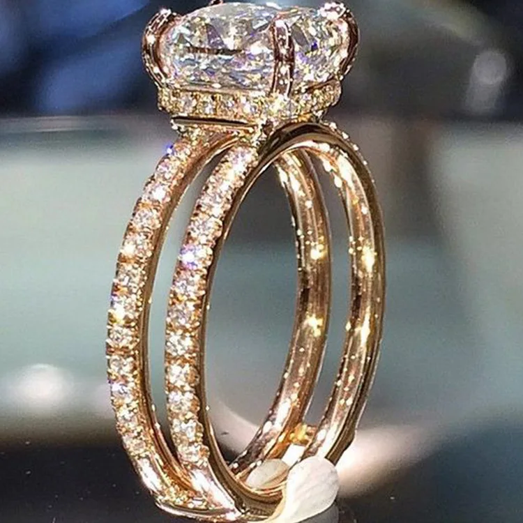

Hot Selling Gold Plated Double Diamond Crown Rings European and American Square Diamond Rings Wholesale Wedding Engagement Rings