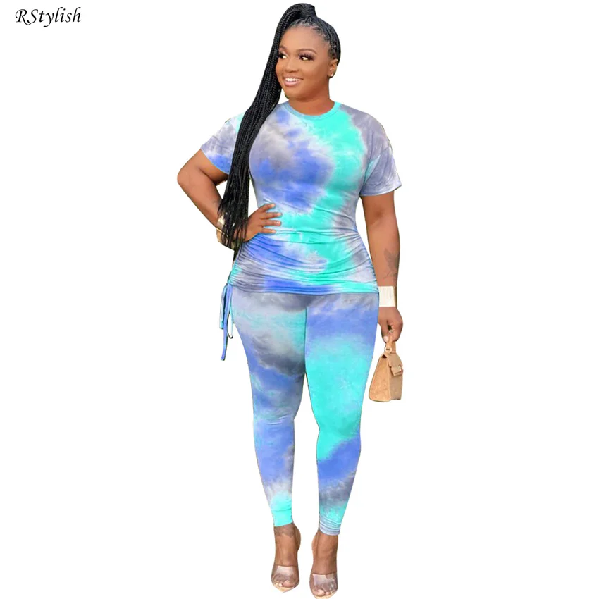 

Clearance-sale Casual Women Pant Sets Tie Dye Short Sleeve T Shirt+Legging Pants Suit Female Summer Outfits Two Piece Tracksuits