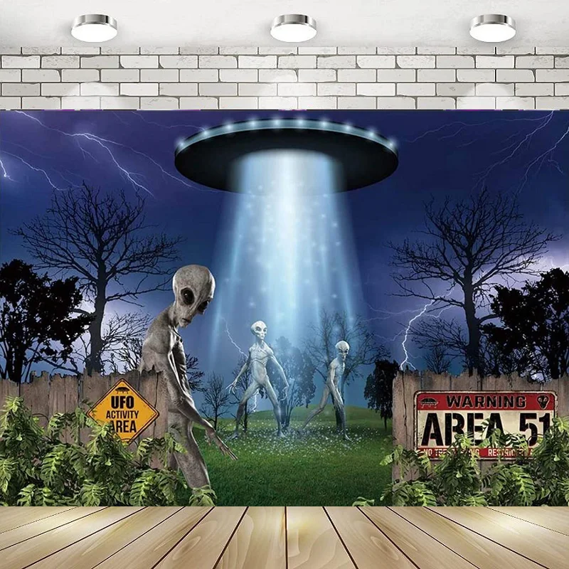 

UFO Alien Photography Backdrop Spaceship Happy Birthday Party Banner Flying Saucer Scary Science Background Background Decor
