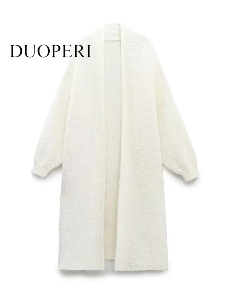 

DUOPERI Women Fashion Faux Fur Beige Cardigan Coat Vintage Long Sleeves Female Chic Lady Winter Warm Outwears
