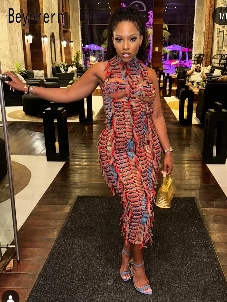 Beyprern женское разноцветное трикотажное платье миди с кисточками и открытой