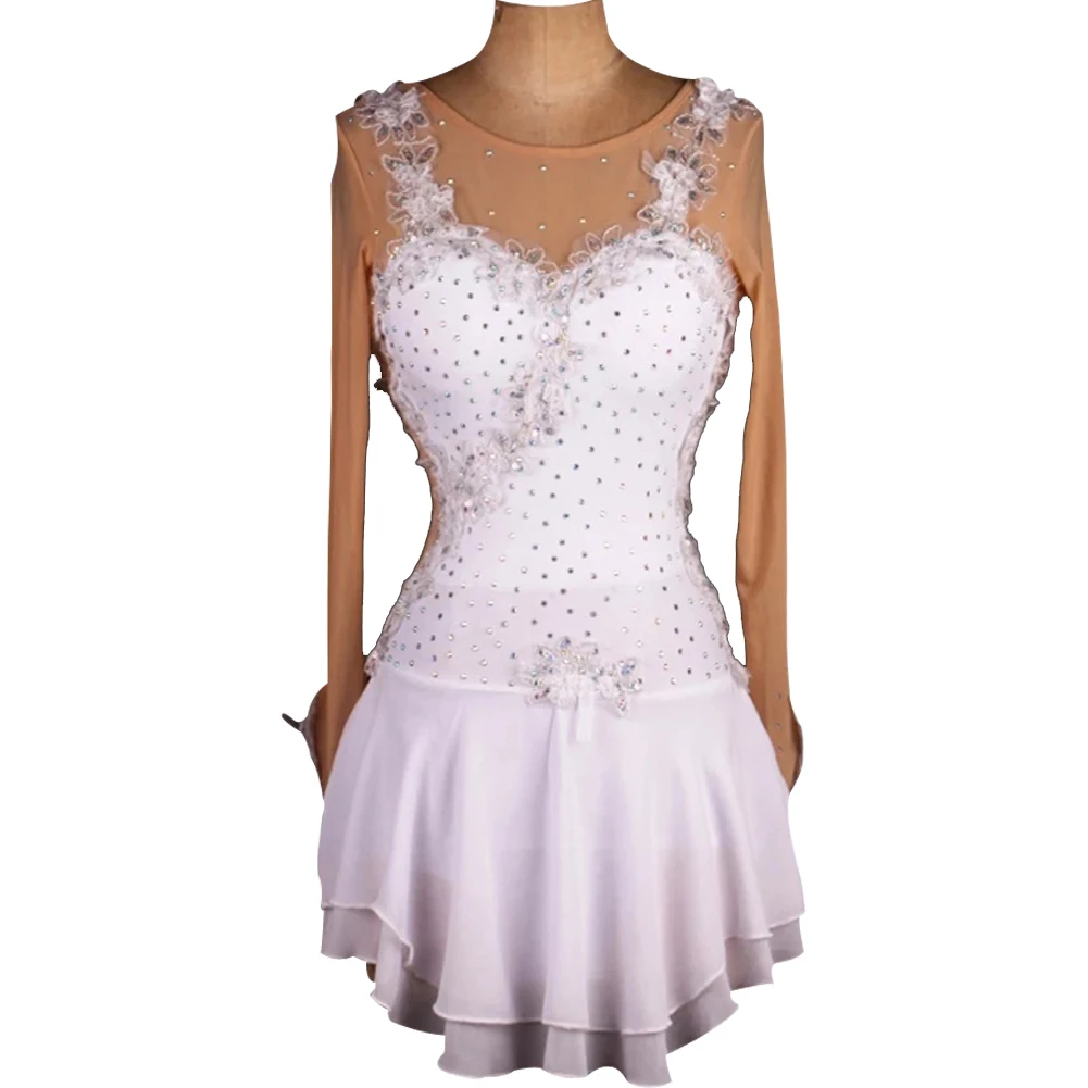 

Белое Женское платье со стразами для латинских коньков chacha, платье для соревнований по фигурному катанию, TXH-B002