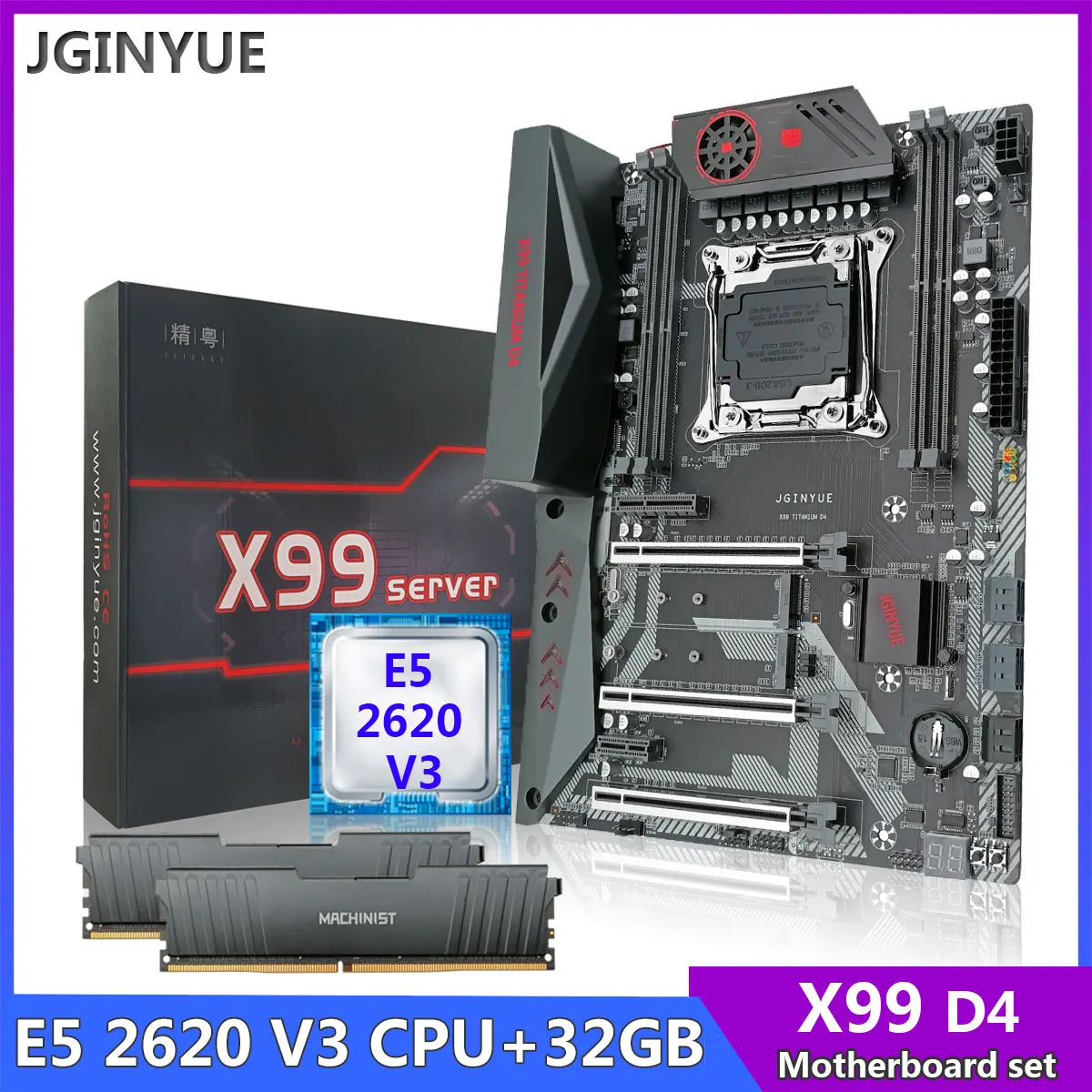 Материнская плата JGINYUE X99 с процессором Xeon E5 2620 V3 LAG 2011-3 2*16 ГБ = 32 Гб DDR4 ECC, поддержка четырехканальной оперативной памяти NVME M.2