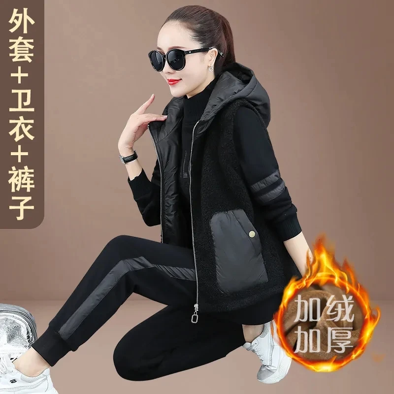 

2022 Autumn Winter Plus Velvet Warm Three Piece Sets Womens Casual Loose Sport Pants Suit Sets Female Sportswear Sets Tracksuits