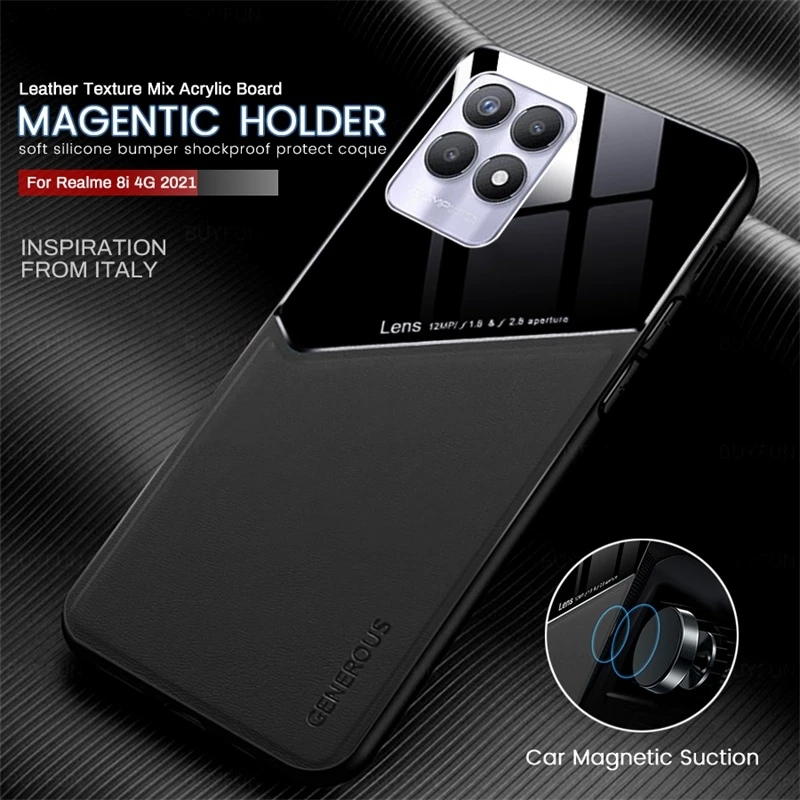 

Для Realme 8i чехол Роскошный кожаный PU + PC Автомобильный держатель Магнитный чехол Realme8i Realmi Kingdom Relme 8 i 6,6 ''TPU Edge защитные чехлы