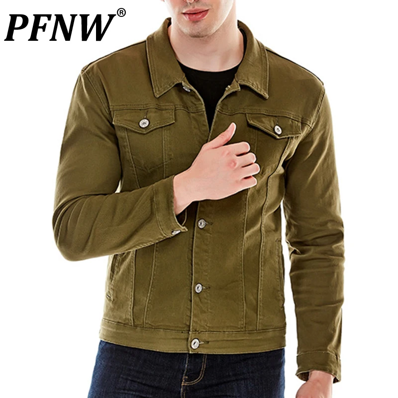

PFNW Spring Autumn New Men's Fashion Denim Jacket Lapel Elastic High Street Solid Color Handsome Niche Slim Hip Hop Coat 28A2883