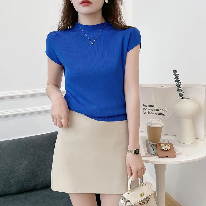 

2022 Summer Solid Color T-Shirt Top High Neck Casual Short Sleeves grey grey