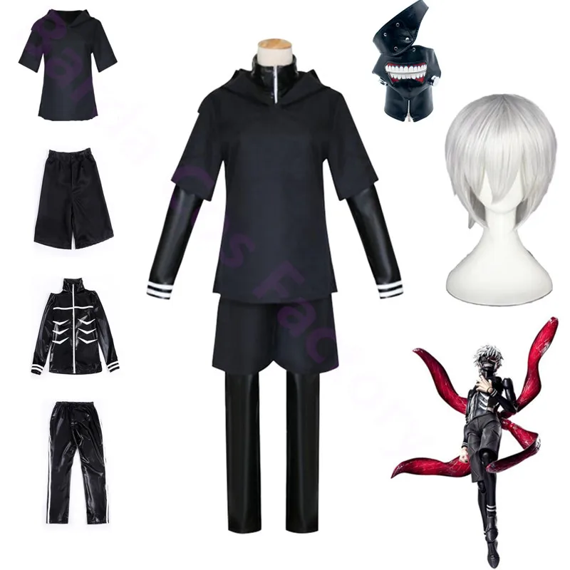JP Аниме токийский гуль Ken Kaneki Косплей Костюм Полный Комплект Черная Кожаная