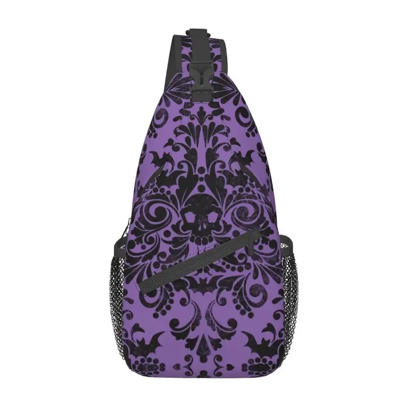 

Skull Damask Pattern Sling Crossbody Backpack Custom Halloween Witch Goth Occult Shoulder Chest Bag for Cycling Camping Daypack
