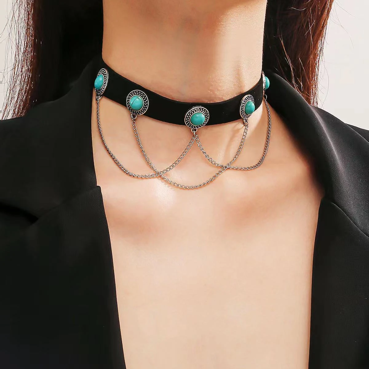 

Black PU Leather Choker Necklace for Women Punk Gothic Round Shape Turquoise Tassel Chain Necklaces Girl Neck Jewelry Accessorie