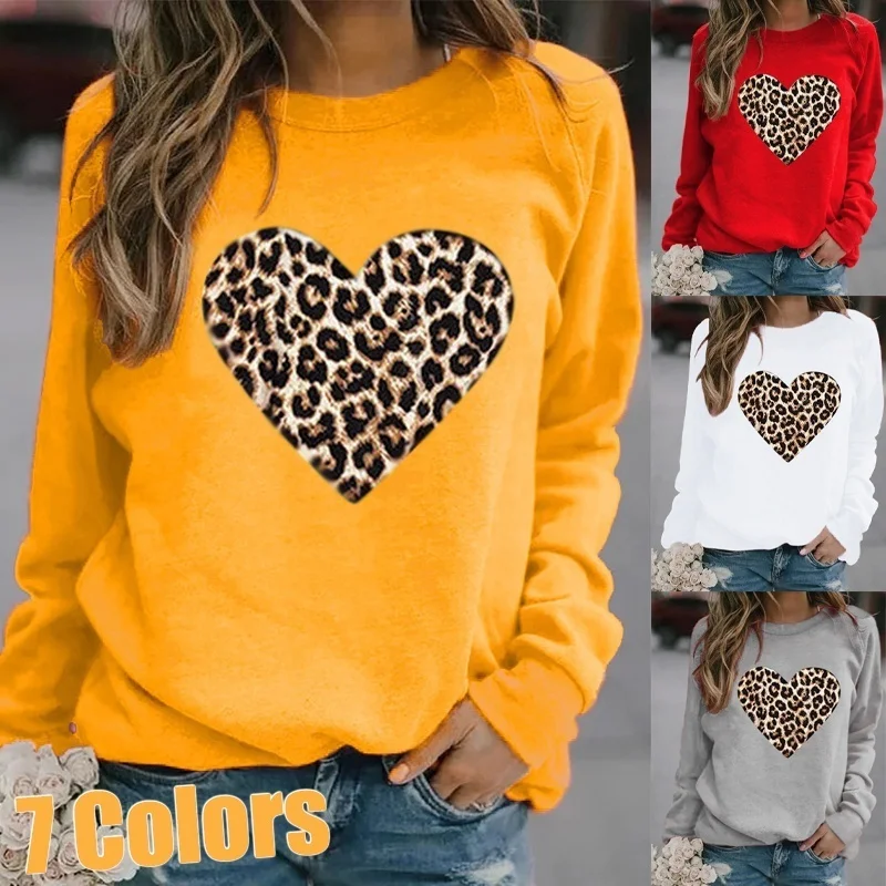 Women s Fashion Long Sleeve Hoodies Round Neck Sweatshirts Leopard Print Loose Pullover Casual Tops